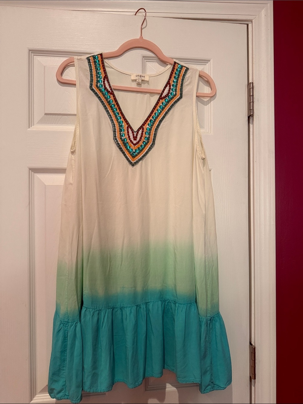 Umgee Cream to Teal Ombre Embroidered/beaded Mini Dress